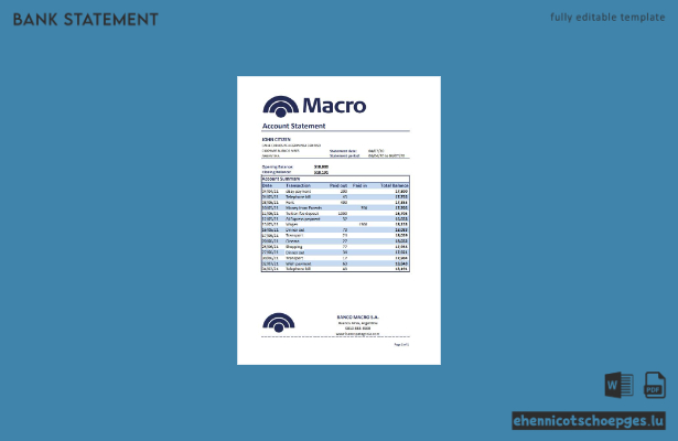 Beispiel-Excel-Vorschau eines Kontoauszugs der Argentina Banco Macro S.A.